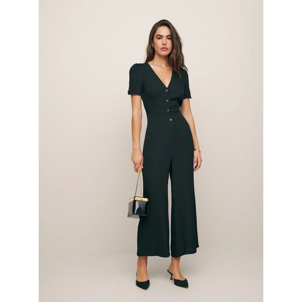 Reformation Black Button Front Wide Leg Jumpsuit Short Sleeve V-Neck‎ Size 10